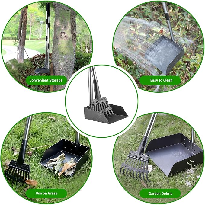 Pooper Scooper, Long Handle Pet Supplies Dog Pooper Scooper with Stainless Metal Tray and Rake for Large Medium Small Dogs Heavy Duty, Use on Grass, Dirt or Gravel