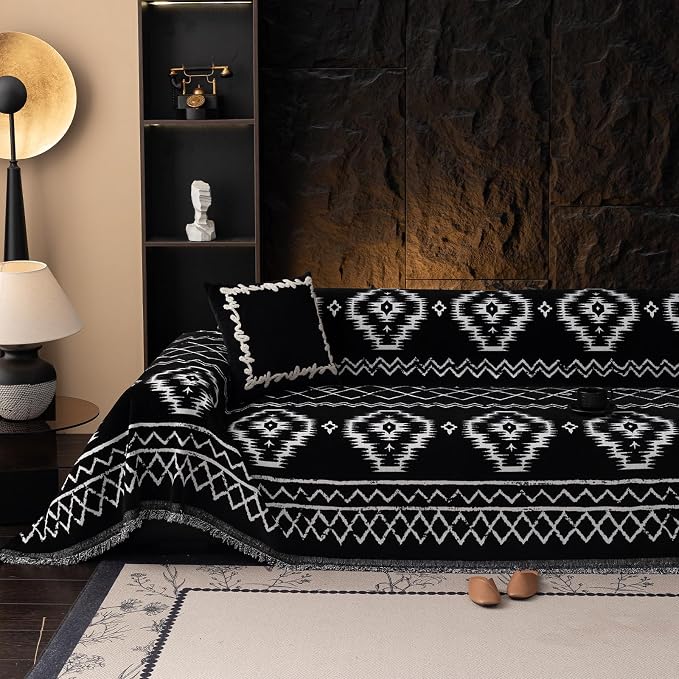 VClife Boho Couch Cover Chenille Sofa Cover for Sectional Sofa, Non Slip Couch Covers for 3 Seater Sofa Pet Friendly Sofa Protector with Tassel, Tribal Pattern Couch Slipcover, Black, 71"X134"
