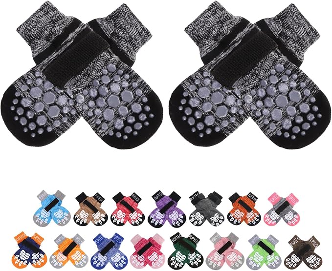 PUPTECK Anti-Slip Dog Socks with Double Sides for Small Medium Large Dogs Hardwood Floors Prevents Licking, Dog Shoes for Hot Pavement Traction Control Paw Protector for Senior Dogs, Striped Black L