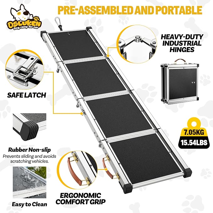 71" Aluminum Alloy Dog Ramp for Car SUV Truck Side Door, Foldable Outdoor Pet Ramp with Adjustable Support Head, Non-Slip Traction Surface, Sturdy Ramp for Large Dogs Up to 200 LBS (4 Folded)