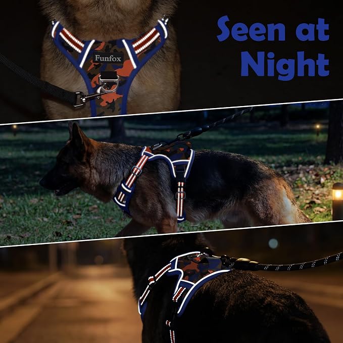 Dog Harness No Pull, Adjustable Pet Vest Harness, Super Soft Material with Vertical Handle Easy Control, Reflective Night Walking, 2 Leash Clips for Large Dogs, Camo Orange, L