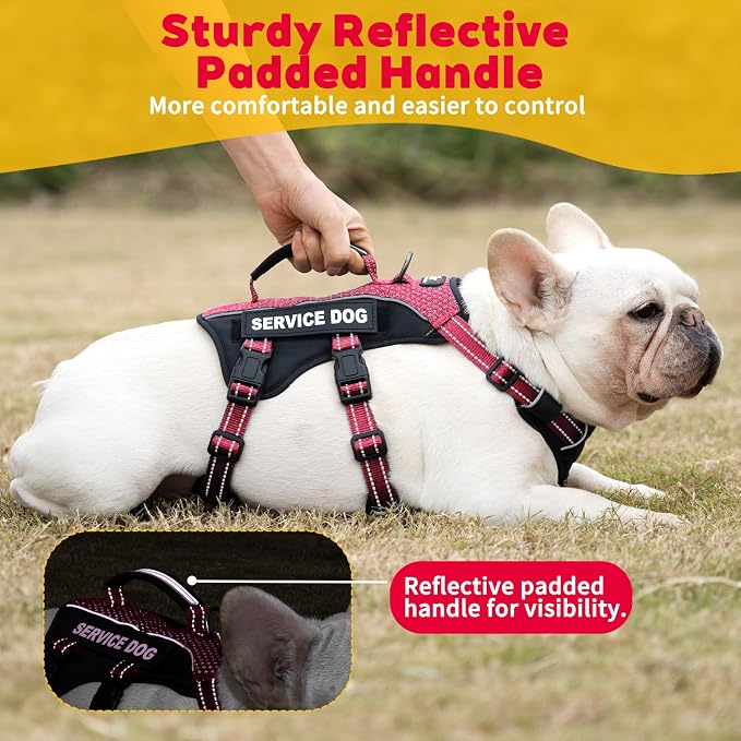 Service Dog Vest Harness, Escape Proof Harness with 6 Patches, No-Pull, Reflective Harness with Handle, Adjustable for Small to Large Dogs, for Training and Hiking (Red, M)