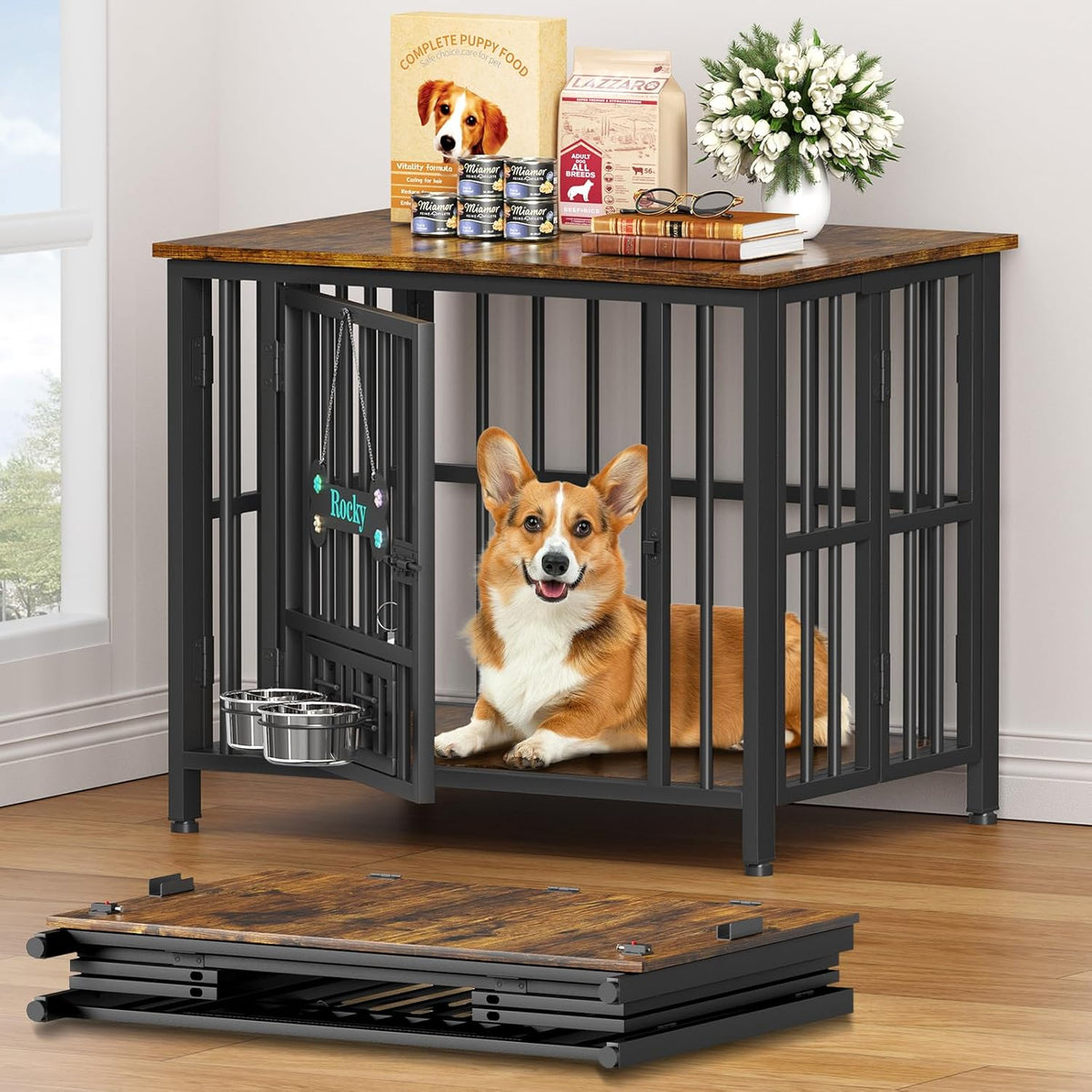 Easycom 31" Dog Crate Furniture Foldable, No Assembly Decorative Dog Kennel Indoor, Dog Crates for Medium Dogs, Wooden Dog Cage with Adjustable Bowls and Name Tag, End Table, Rustic Brown