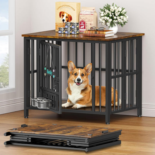 Easycom 31" Dog Crate Furniture Foldable, No Assembly Decorative Dog Kennel Indoor, Dog Crates for Medium Dogs, Wooden Dog Cage with Adjustable Bowls and Name Tag, End Table, Rustic Brown