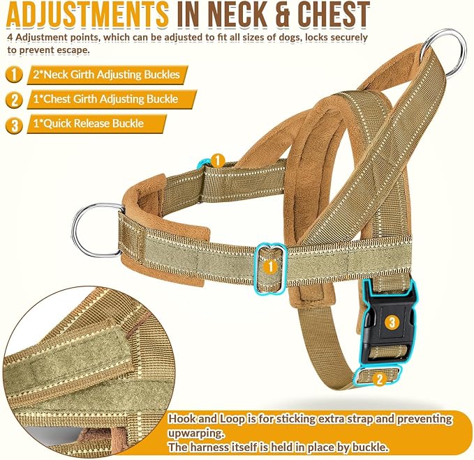 SlowTon No Pull Dog Harness with Front Clip - Heavy Duty, Soft Padded | Neck & Chest Adjustable, Tactical Pet Vest and Leash Set for Large Medium Sized Dogs, for Easy Walk & Training, Tan S