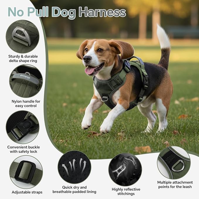 Heavy Duty Tactical Dog Harness for Small Dogs, No Pull Dog Harness with Handle & Front Clip, Reflective Soft Padded, Hook and Loop Panel, Dog Vest for Walking, Service Training, Army Green