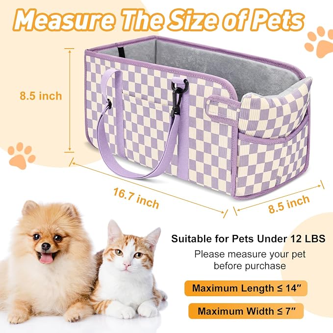 Console Dog Car Seat for Small Dogs, Foldable Booster Seat,Purple Checkered | Portable Booster Seat Sits On Car Console/ Armrest. Foldable for Easy Storage. for Center Console, Easy To Clean.