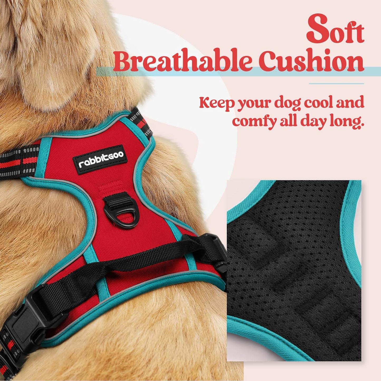 rabbitgoo Dog Harness No Pull with 2 Leash Clips, Adjustable Soft Padded, Reflective Oxford No Choke Pet Vest with Easy Control Handle for Large Dogs, Red & Teal, XL