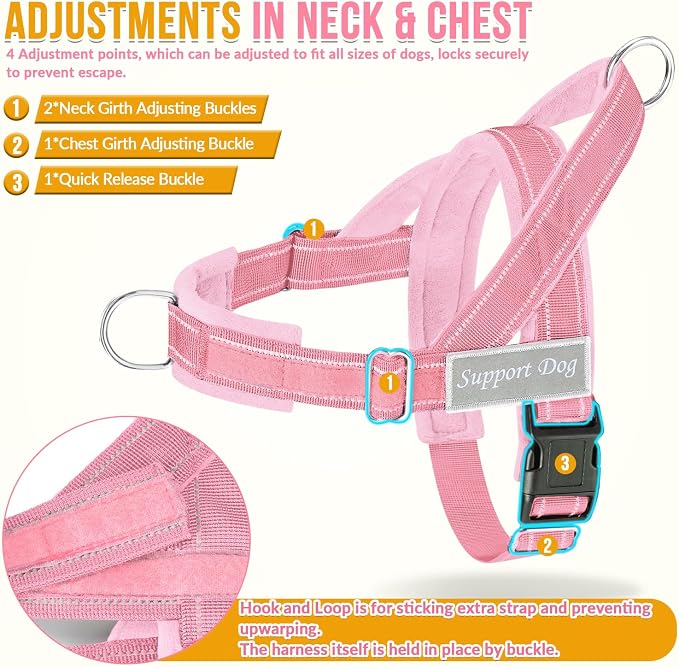SlowTon No Pull Dog Harness with Front Clip - Heavy Duty, Soft Padded | Neck & Chest Adjustable, Tactical Pet Vest and Leash Set for Large Medium Sized Dogs, for Easy Walk & Training, Pink M