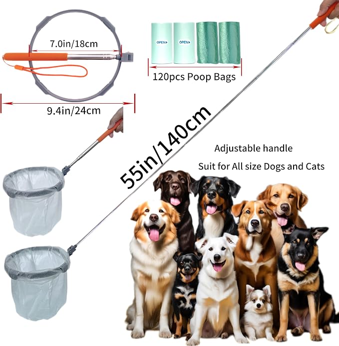 Pooper Scooper with 120 Waste Bags, 55" Dog Pooper Scooper with Extendable Long Handle Portable Foldable Dog Poop Catcher,Poop Pick Up Pooper Scooper for Dogs Cats