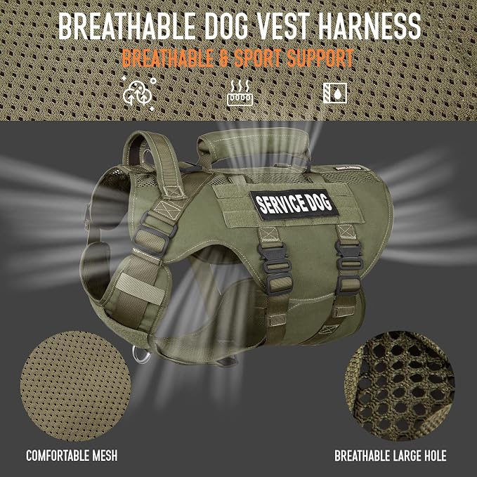 Service Dog Vest for Large Dogs, Green Tactical Harness with Military MOLLE, Breathable Mesh & 39g Metal Buckle - Size L for Training & Hiking