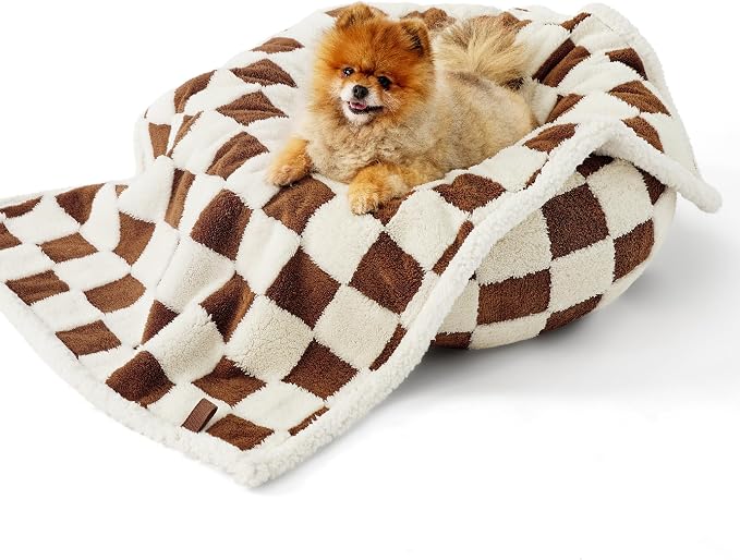 LE SURE Waterproof Dog Blankets for Small Dogs Cute Cozy 3D Jacquard,25x35 | Puppy Blanket for Cat Aesthetic Gift, Warm Soft Sherpa Throw Washable, Reversible Pet Couch Protector, Brown Checks