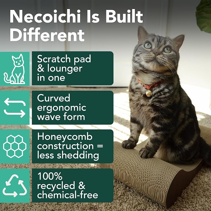 Necoichi Cardboard Cat Scratcher Bed for Indoor Cats - Cat Scratching Board, Horizontal Cat Scratch Pad Lounger with Reversible Usability and Extra Comfort for Lounge, Curved (Regular, Dark Cherry)