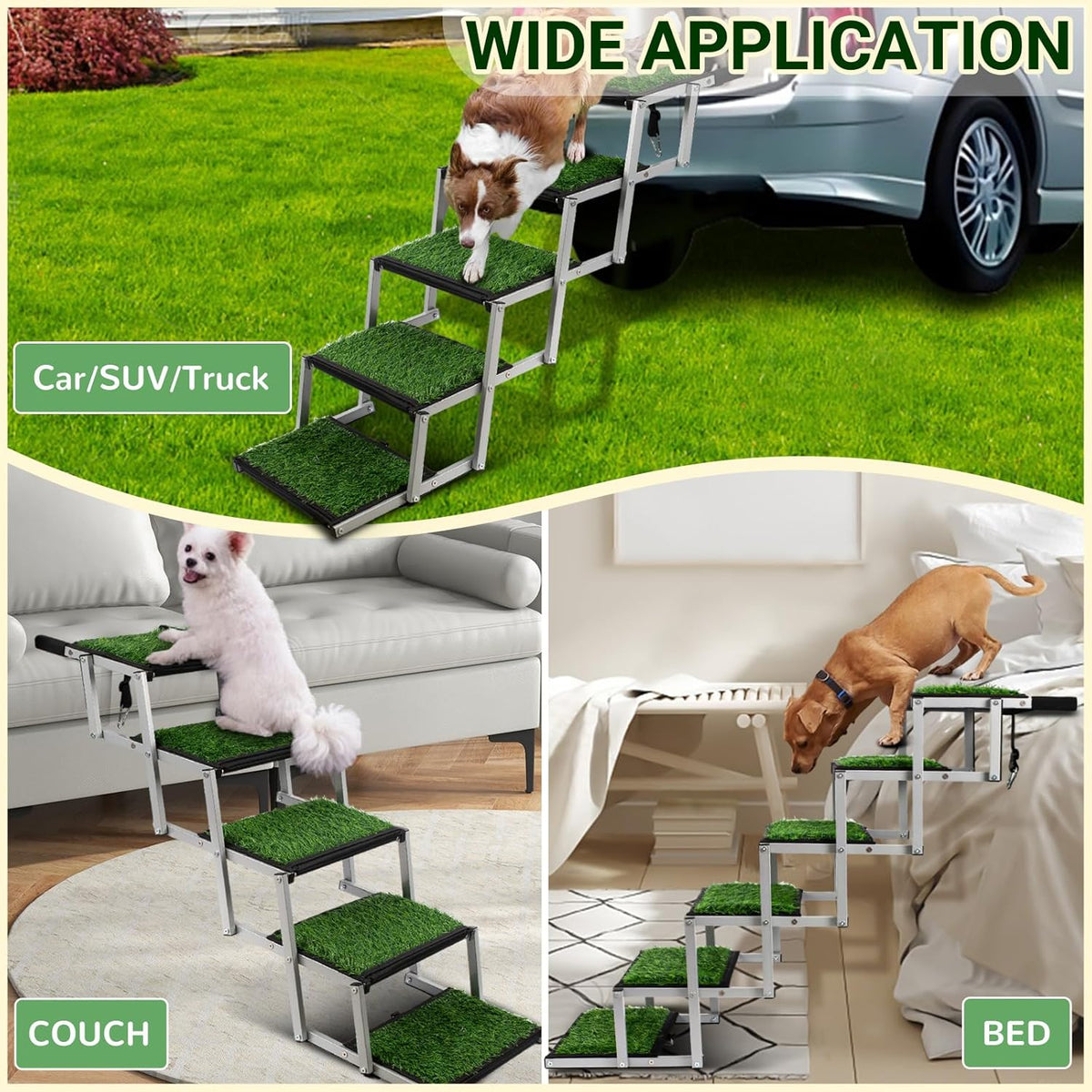 Dog Stairs for Car, Portable Folding Dog Ramps,Dog Steps for Large Dogs with Non-Slip Grass Rug for Cars, SUV, Trucks, Lightweight Pet Ramp Supports Up to 200 lb, 6 Steps