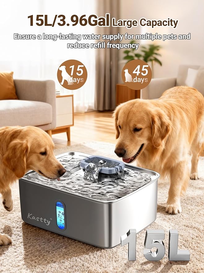 Kastty Dog Water Fountain for Large Dogs: 15L Stainless Steel Dog Water Bowl Dispenser -Super Quiet Pet Water Fountain with Visual Water Level-Great for Large Dogs Cats and Multi-Pet Home FS78(Grey)