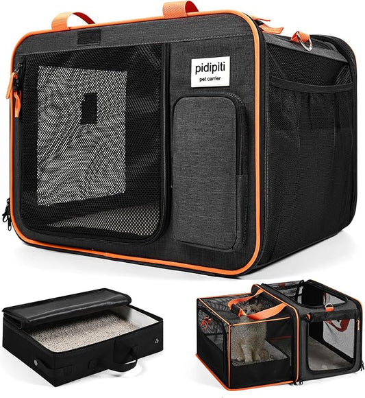 Pidipiti 20 x 14 x 14 Expandable car Travel Carrier for 1 Small-Medium cat,with a Portable Leakproof Litter Box