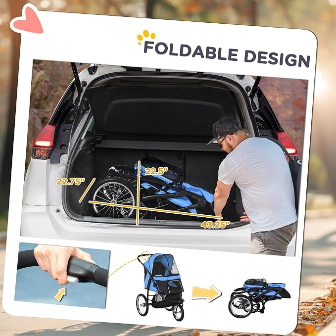 PawHut 3 Wheels Pet Stroller, Foldable Dog Stroller with Adjustable Canopy, Safety Tether, Cushion, Storage Basket, Portable Jogger for Small and Medium Dogs and Cats, Blue