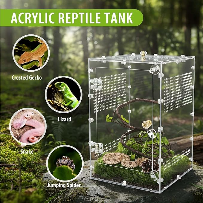 Reptile Enclosure 10 Gallon for Crested Gecko, Lizard, Bearded Dragon, Snakes，Frogs, Large Spiders, Acrylic Reptile Tank Feeding Terrarium with Front & Top Opening Doors and Vent Holes - 12"*12"*18"