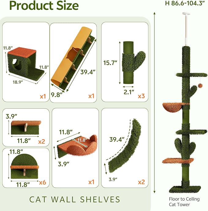 Cactus Cat Climbing Furniture Set with Floor to Ceiling Cat Tree | 5 Tier Cat Tower Adjustable Height (87-104in) and Wall Mounted Cat Shelves, with Cat Scratching Posts, Tunnel, Condo, Green