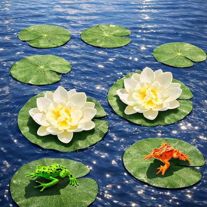 12PCS Artificial Floating Lily Pads Set, 8 Realistic Lily Pads, 2 Lotus Flowers & 2 Floating Frogs, Pond Pool Fountain Water Feature Decorations