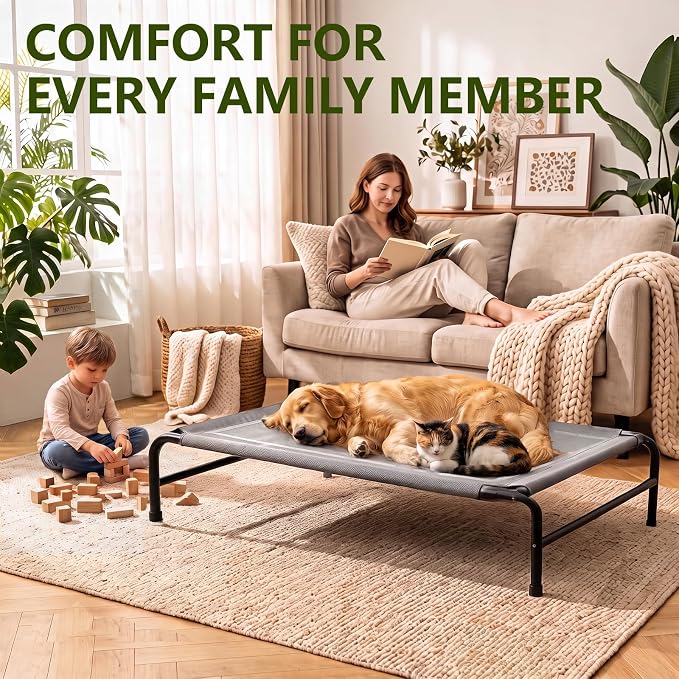 MICOOYO Outdoor Dog Bed, Elevated Dog Bed Raised Dogs Bed with Breathable & Washable Mesh, No-Slip Feet, Easy Clean, Chew Proof, Portable Dog Cot for Indoor & Outdoor Use, 35" x 25" x 8", Grey