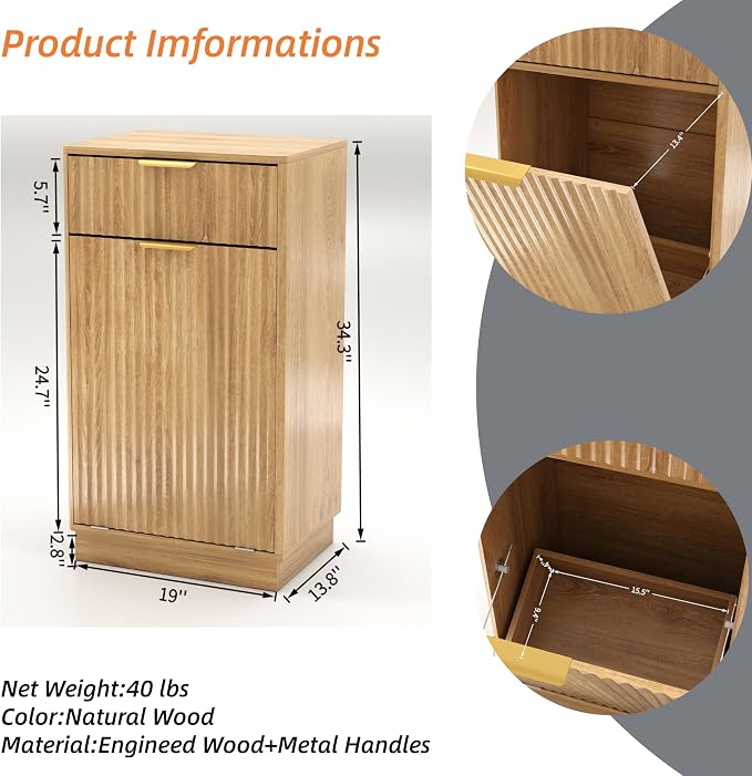 10-Gallon Single Tilt Out Trash Can Cabinet with Drawer,Kitchen Trash Can Cabinet Garbage Recycling Cabinet Wooden Dog-Proof Trash Cabinet for Dining Room and Kitchen,Laundry Room