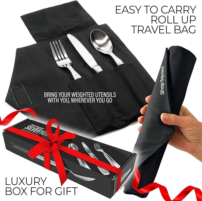 Weighted Utensils for Hand Tremors and Parkinson's Patients - 3 Piece Set Weighted Silverware for Elderly, Arthritis, Weak Hand Grip - Convenient Travel Bag, Stainless Steel, 7 Oz