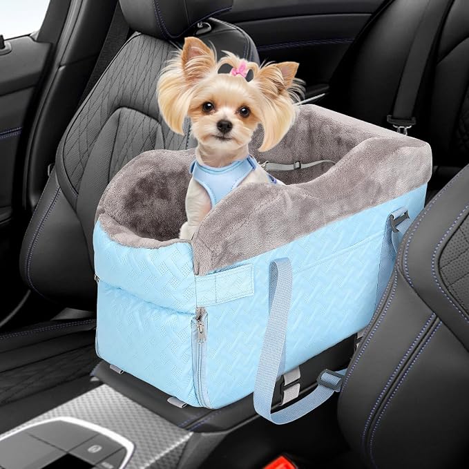 SlowTon Console Dog Car Seat - Portable Center Dog Car Seat for Small Dogs up to 9 lbs, Washable Pet Carseat with Soft Cushion Safe Protection Hooks & Storage Pocket, Blue