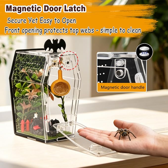 19Pcs Acrylic Spider Enclosure Kit with Magnetic Lock | Gothic Coffin Design, 3mm Acrylic, Magnetic Feeding, Mini Furniture 9Pcs, Spider Enclosure, DIY Kit