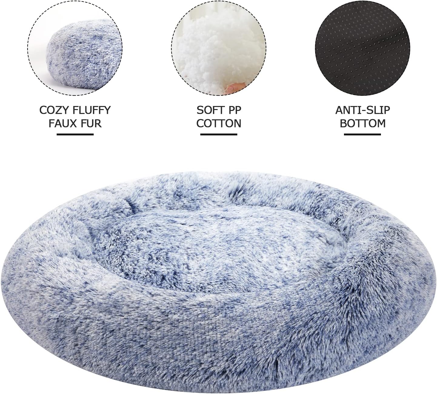 Bedfolks Calming Donut Dog Bed - 45 Inch Round Plush Dog Bed, Anti-Anxiety, Washable & Non-Slip (Navy Blue, Extra Large)