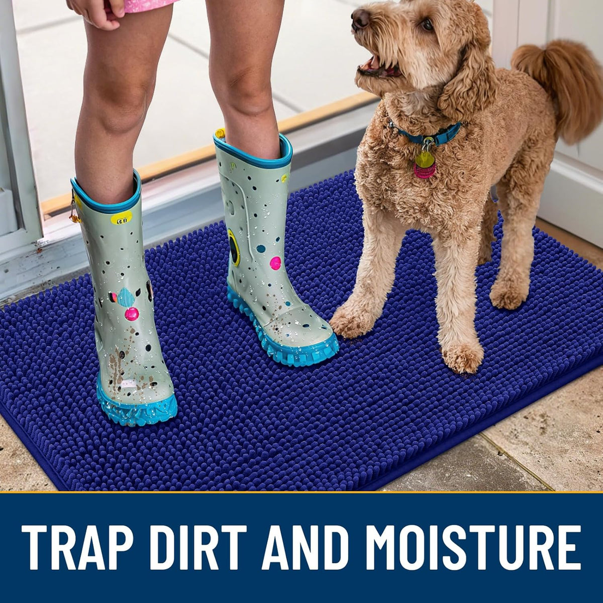 Smiry Dog Door Mat for Muddy Paws 59x35, Absorbs Moisture and Dirt Doormat, Non-Slip Washable Quick Dry Chenille Front Door Mat Indoor Entrance, Entryway Carpet for Inside Floor, Navy Blue