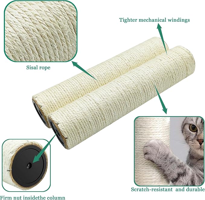 Cat Tree Replacement Post, 4 Pack 9.84in Cat Scratching Post Replacement Poles with M8 Screws, Natural Sisal Cat Tower Parts, Connectable to 19.7in/39.4in for Cat Tree Repair & Extension