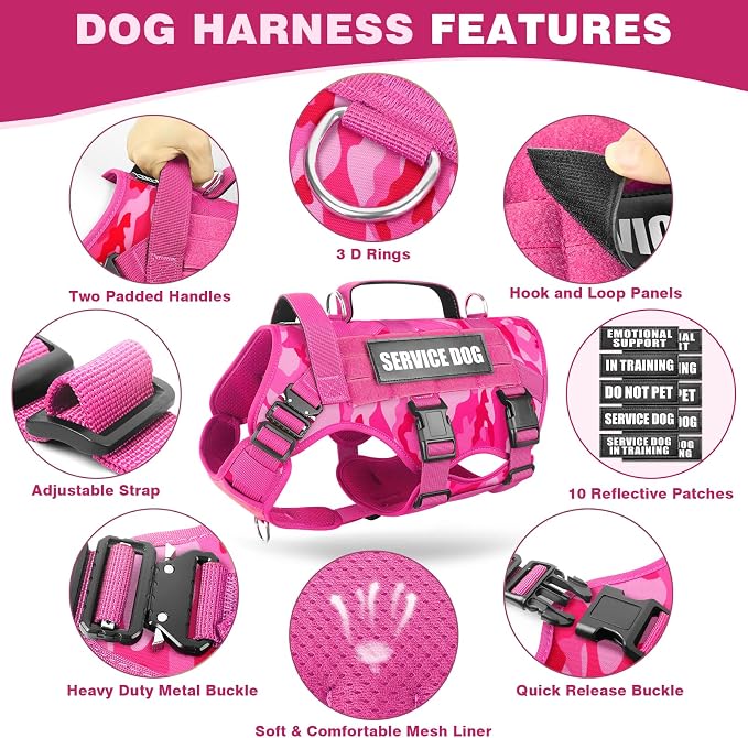 Service Dog Vest Harness for Large Dog, Tactical Working MOLLE Vest with 10 Pet Patches, No Pull Heavy Duty Harness for Training Hunting Walking