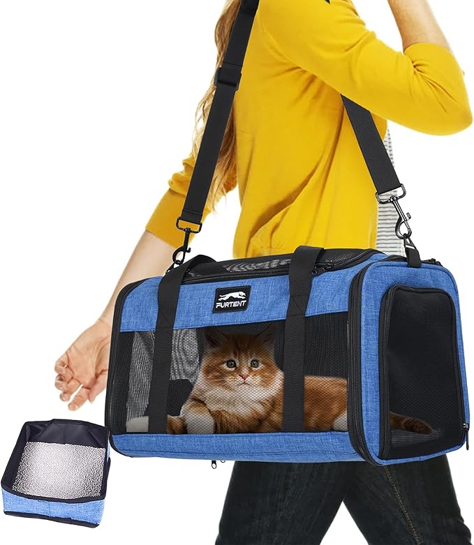 Pet Carrier Airline Approved, Soft Sided Cat Carrier for Small Pets up to 13 lbs, TSA Approved Dog Travel Bag, Portable Soft Sided Pet Carrier for Kittens and Puppies (Blue, Travel Litter Box)