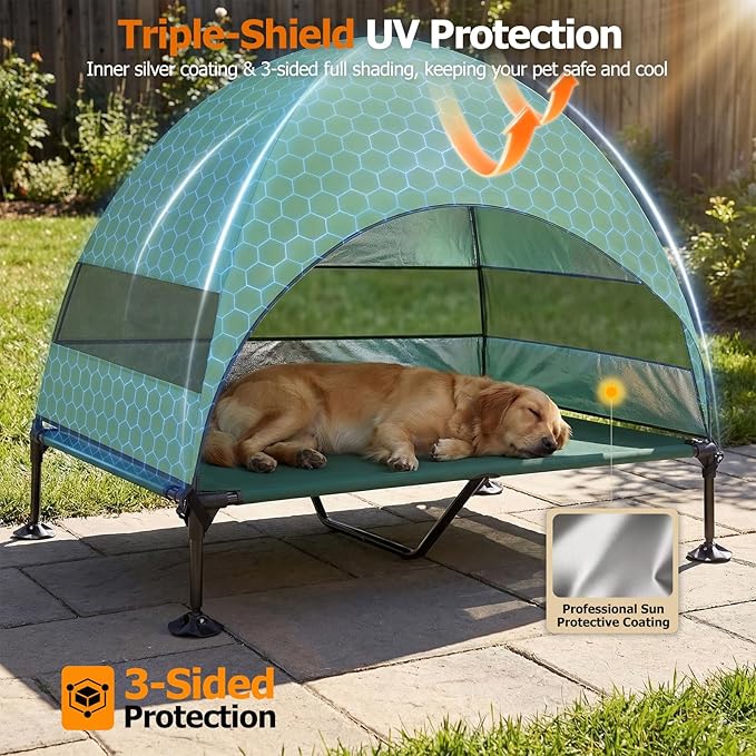 Elevated Dog Bed with Upgraded Canopy, Raised Outdoor Dog Tent with Powerful Anti-Slip Feet, Portable Pet Cot with Larger Shade, Raised Cooling Bed for Camping, Backyard, Beach, Poolside
