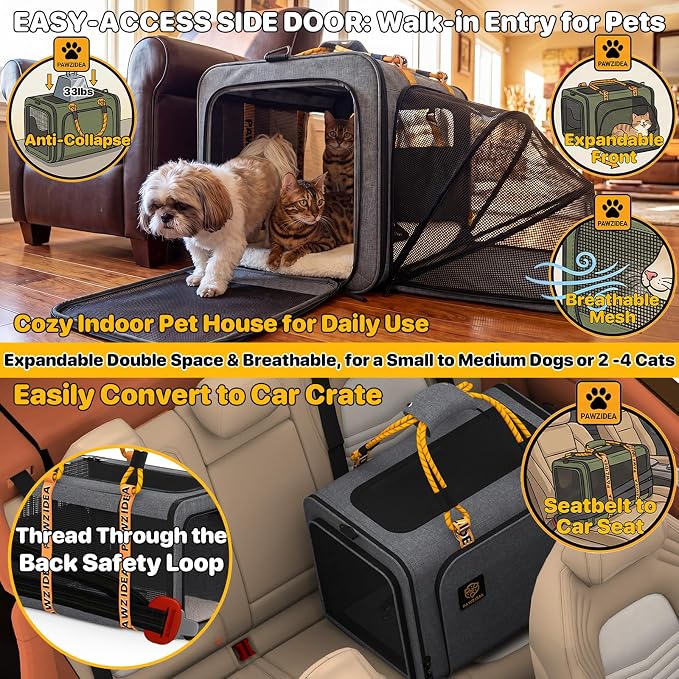 PAWZIDEA Expandable Large Pet Carrier, 24"×16"×16" Soft-Sided Cat Carrier for 2–4 Cats up 55lb, Portable & Collapsible Small Medium Dog Travel Crate for Car, XL Storage Pocket, ID Card, Shoulder Strap