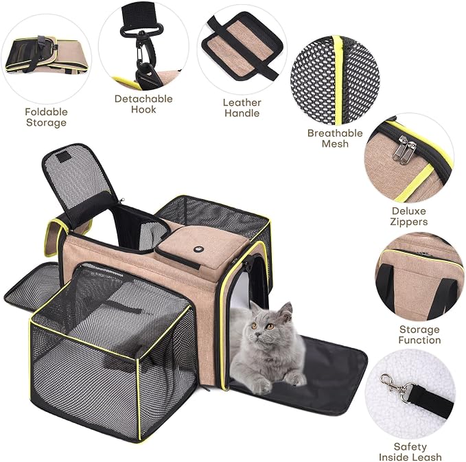 Pet Carrier, Large Soft Sided Expandable Travel Carrier with Steel Frame, Anti-Scratch Mesh, Removable Fleece Pad and Pockets for Cats, Dogs and Small Animals up to 15 lbs (Brown, 4 Sides Expandable)