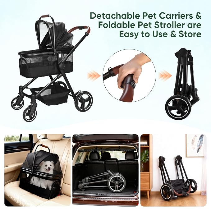 3-in-1 Foldable Pet Stroller for Dogs & Cats, 33lbs | All-terrain 7"/10" wheels | Compact storage | Storage basket | Breathable linen | Cup holder & rear brakes