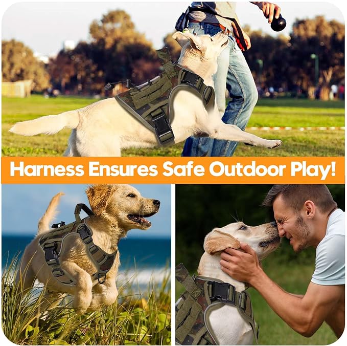 Heavy-Duty Tactical Dog Harness for Large Dogs, No Pull Adjustable Reflective Pet Vest with Molle System, K9 Military-Grade Control for Service Training, Outdoor & 10+ Breeds, Green Camo, Medium