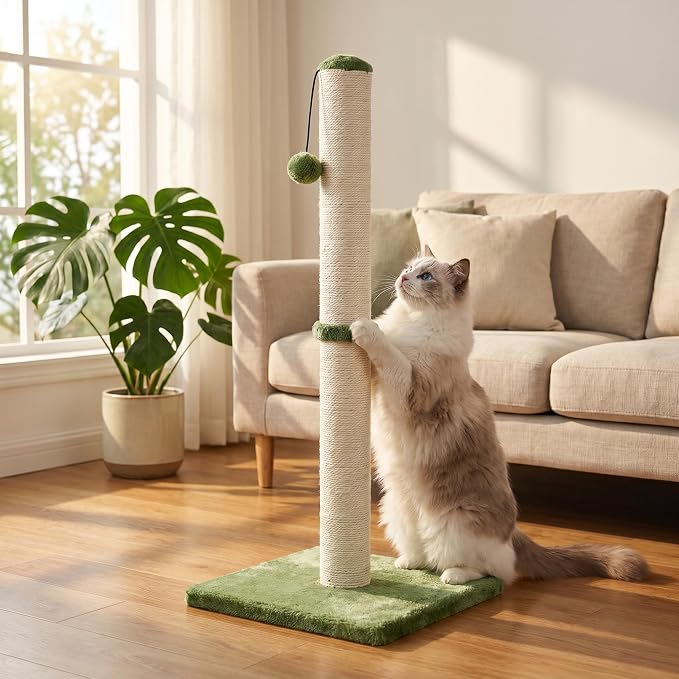 Dimaka Tall Cat Scratching Post, Claw Scratcher with Sisal Rope and Covered with Soft Smooth Plush, Vertical Scratch [Full Strectch] for Standard Size Cats (Green, 29 inches for All Cats)