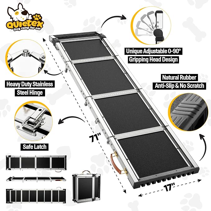 Extra Long 71”Dog Ramp for Car with Adjustable Head, Folding Pet Ramp for Large Dogs with Non-Slip Surface Dog Ramps Up to 200 lb for Car SUV Truck Bed Couch