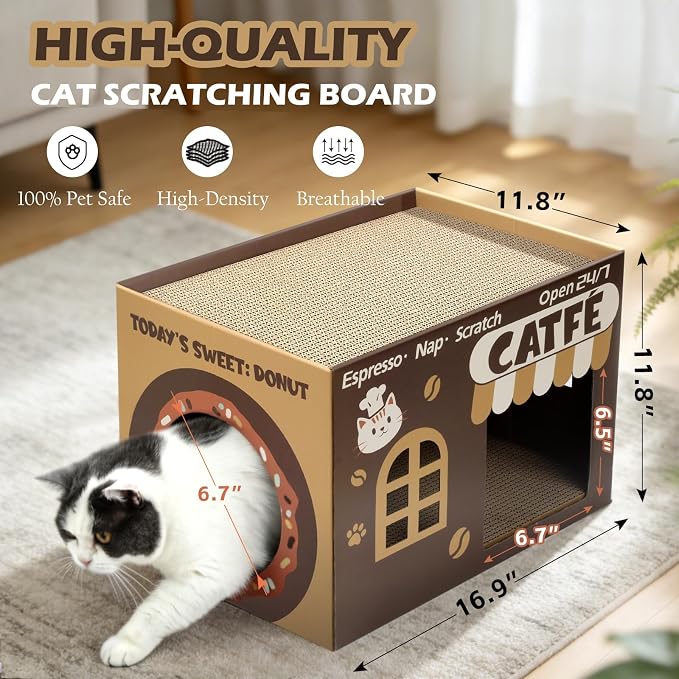 ARGOPET Cardboard Cat Scratcher House, Cozy Cardboard Design with 2 PCS Scratching Pads, Cat Scratcher Box & Bed, 17-Inch Corrugated Cat Scratcher, Safe and Secure for Kittens, Easy to Assemble（Brown）