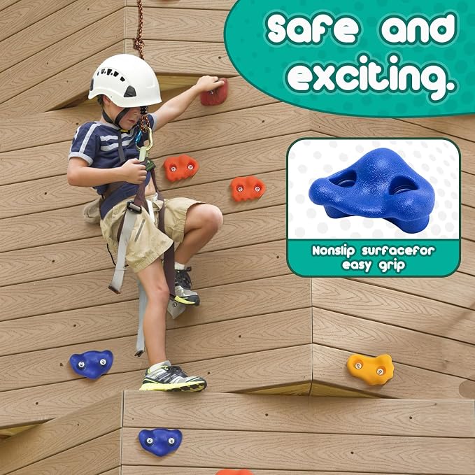 CMOOD Rock Climbing Holds, Rock Climbing Wall for Kids Rock Wall Climbing Kit for Indoor Outdoor Playground Play Set with Mounting Screws, Knotted Rope and 25 Handles