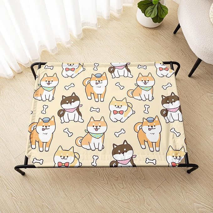 Cartoon Yellow Dog Bone Pattern Orthopedic Elevated Dog Pet Bed (35"X25"X8"),with Metal Frame,Breathable Waterproof Dog Kennel,Sleeping Bed for Small Medium Large Dogs Cats,for Home,Outdoor Use