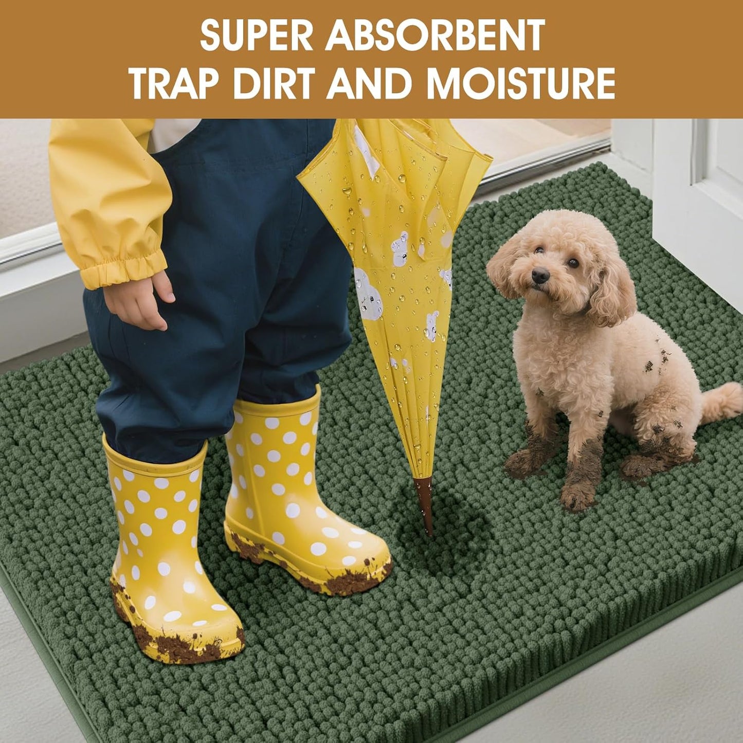 Dog Door Mats for Muddy Paws, Chenille Absorbent Door Mats, Non Slip Heavy Mud Mat for Dogs, Soft Indoor Door Mat for Entryway, Mud Paws, Inside Floor,36" X 24", Olive