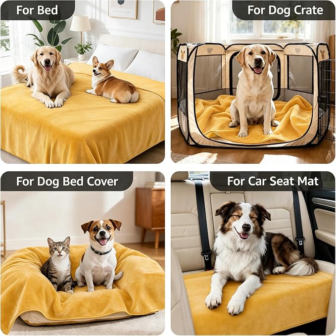 LOOBANI Waterproof Pet Blanket for Couch, Throw Size 50"x60", Yellow | Double-Side Flannel Reversible, Liquid Pee Proof Stain-Proof for Furniture Protection, Ideal for Medium Large Dogs Bed Crate