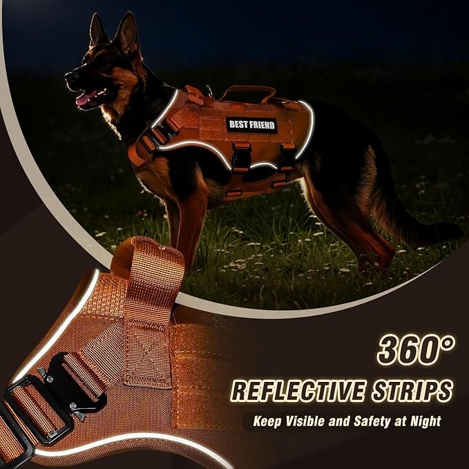 Air Mesh Tactical Dog Harness with Metal Buckles&MOLLE,Orange M | Breathable Adjustable No Pull Service Dog Vest with 3 Padded Handles,Military Dog Harness for Training Hiking Hunting Working