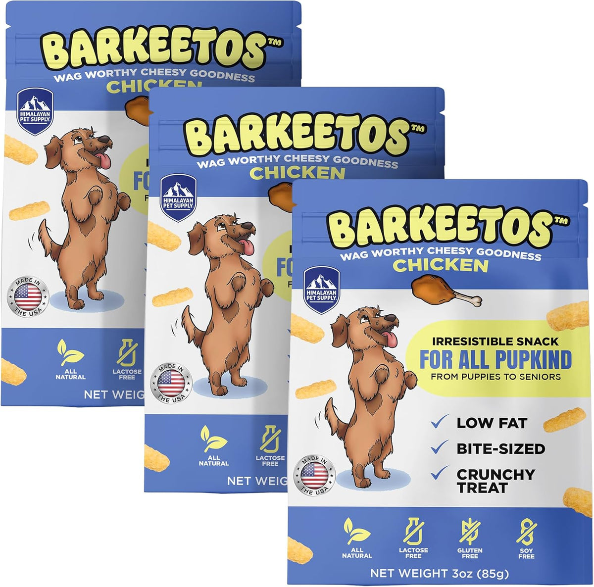 Barkeetos Dog Treats, Crunchy and Cheesy Pet Snacks Made with Real Himalayan Cheese & Chicken, Gluten Free, Grain Free, Lactose Free, Natural Dog Food for All Breeds and Sizes - 3 Pack
