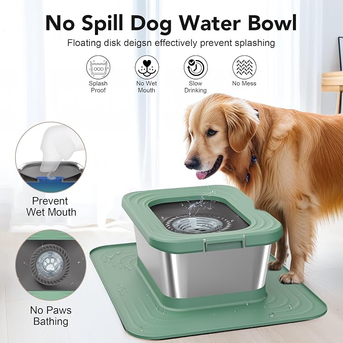Decflow 10L Stainless Steel Dog Water Bowl, No Spill Anti-Splash Dog Bowls with XXL Silicone Mat, Spill-Proof Slow Feeder for Messy Drinkers, Heavy Duty Pet Bowls for Indoor/Outdoor Use Green