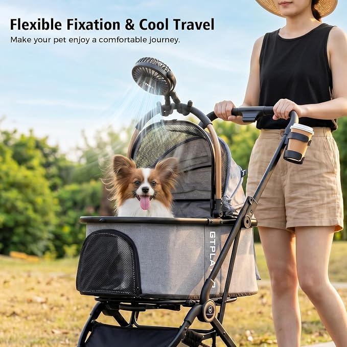 GTPLAYER Pet Stroller Fan, Portable Rechargeable Clip-On Fan with LED Light, Quiet 3-Speed Cooling Fan for Dogs & Cats, Black
